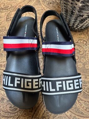 Tommy Hilfiger Black Sandals with Red White Blue Straps